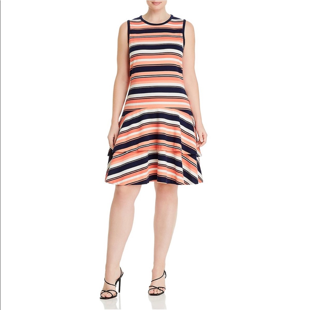 NWT Michael Michael Kors Womens Striped Dress in Navy/Coral Peach Size L